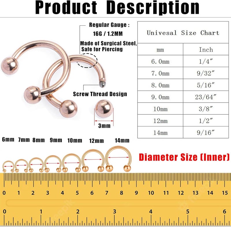 Earmark 7Pairs 6/7/8/9/10/12/14MM Surgical Steel Horseshoe Small Septum Rings Smiley Piercing Jewelry Circular Curved Barbell Piercing Hoops Set for Nose Nipple Nostril Cartilage Helix Daith Tragus Lip Eyebrow - Image 1